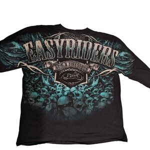 Vintage Easyriders Biker Graphic Long Sleeve Mens 2XL Black Skull Wings Teal